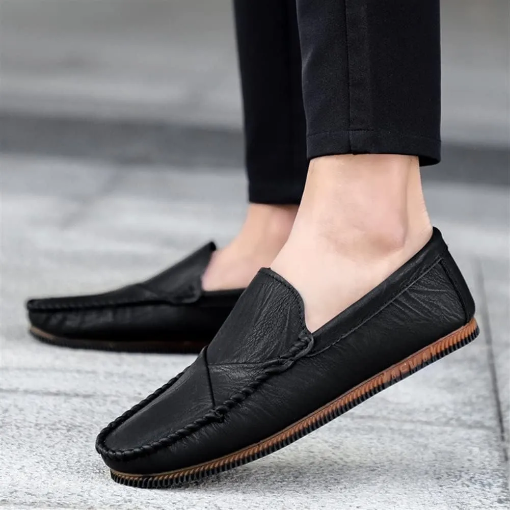 Loafers for Men Vegan Leather Stitching Details Round Toe Rubber Sole Flat Heel Flexible Comfortable Classic Outdoor Slip-on