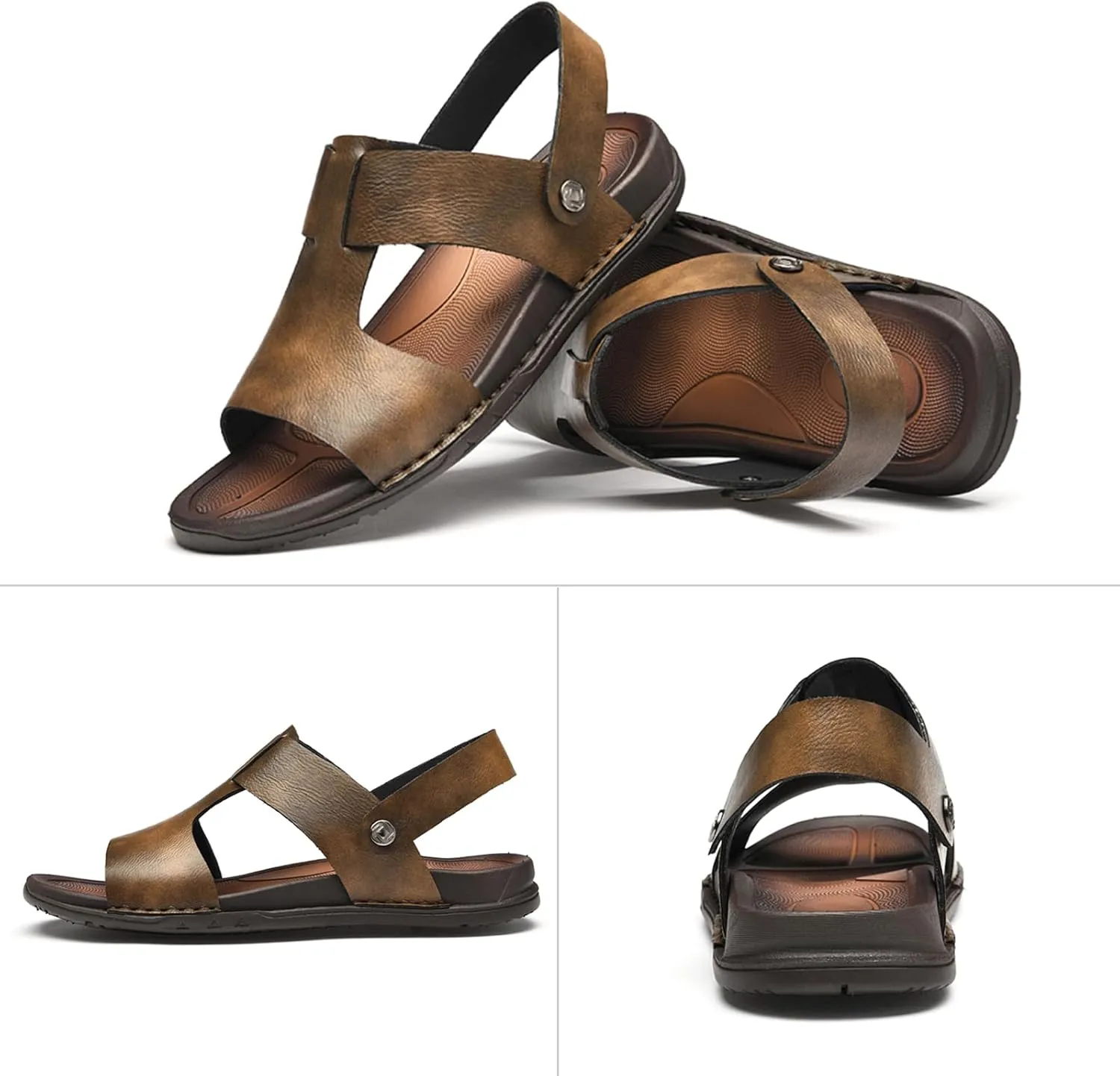 Lossarye Men's Leather Open toe Flat Sandals Summer Adjustable Dual-Use Ankle Straps Soft Arch Support Sandals Casual Non-Slip Slip On Beach Sandals
