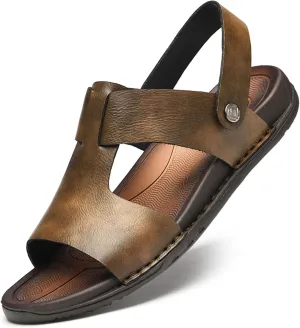 Lossarye Men's Leather Open toe Flat Sandals Summer Adjustable Dual-Use Ankle Straps Soft Arch Support Sandals Casual Non-Slip Slip On Beach Sandals