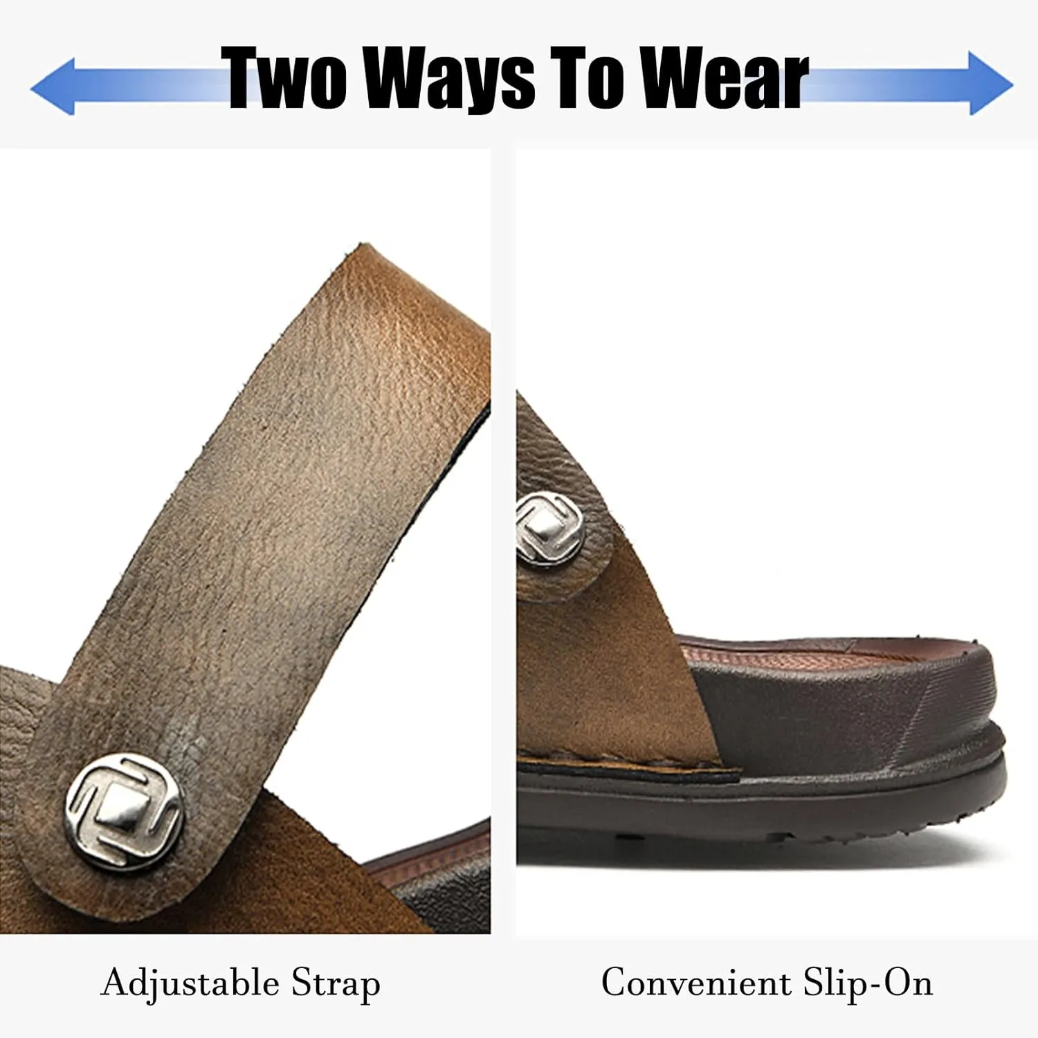 Lossarye Men's Leather Open toe Flat Sandals Summer Adjustable Dual-Use Ankle Straps Soft Arch Support Sandals Casual Non-Slip Slip On Beach Sandals