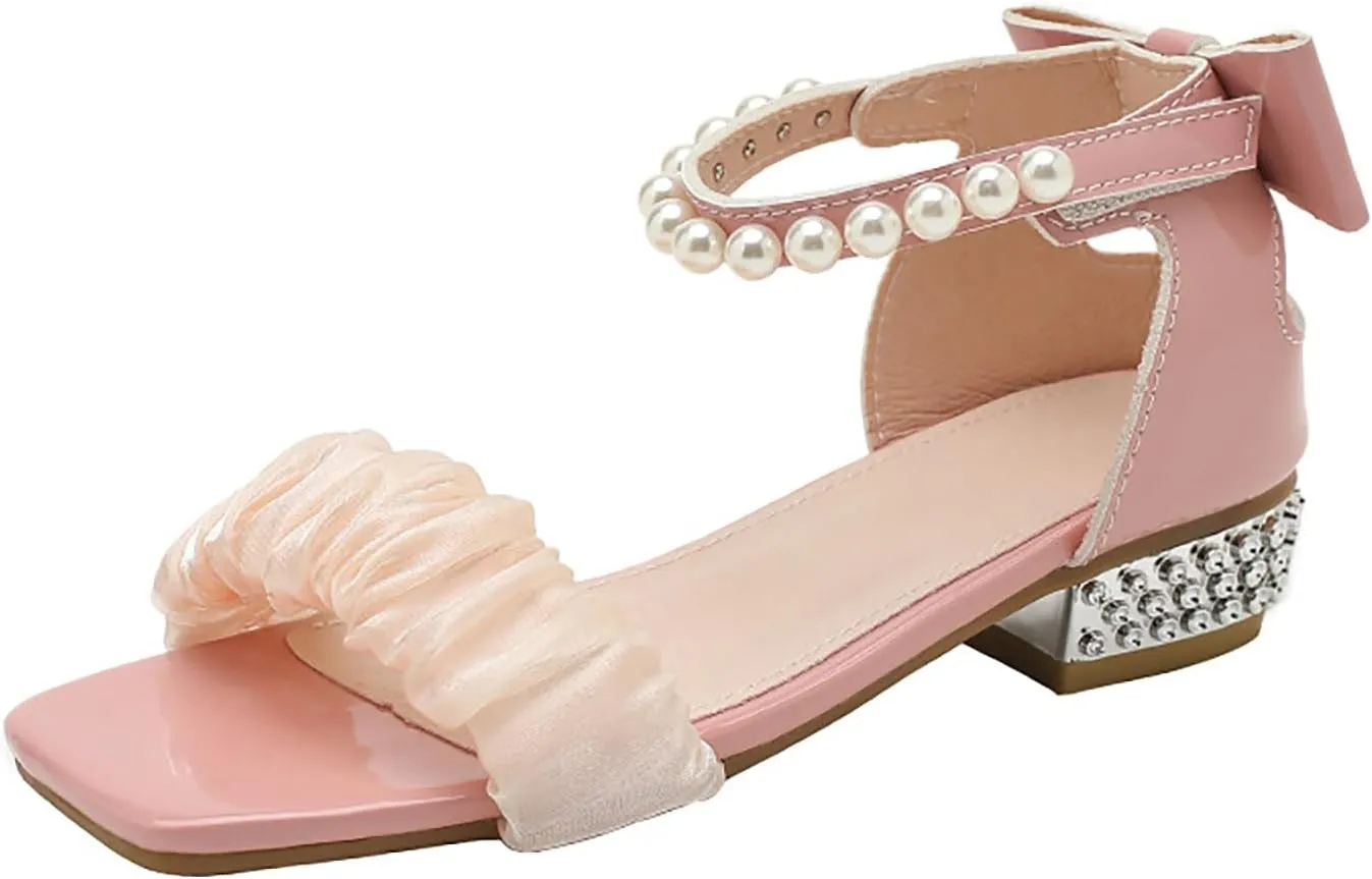 Low Heel Princess Flat Children's Sandals With Pearls Sweet Lace Thick Heels Square Toe Soft Sole Children's Sandals Flower Girl Shoes