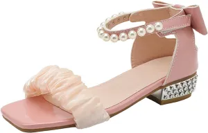 Low Heel Princess Flat Children's Sandals With Pearls Sweet Lace Thick Heels Square Toe Soft Sole Children's Sandals Flower Girl Shoes