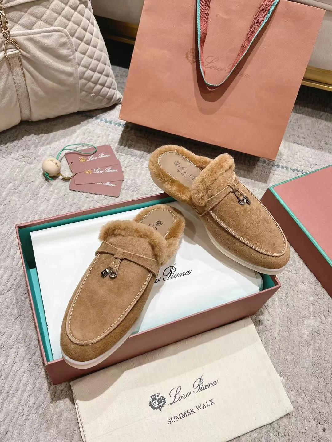 LP Charms Walk Babouche Loafer Marigold Brown Suede With Rabbit Fur Lining 206232