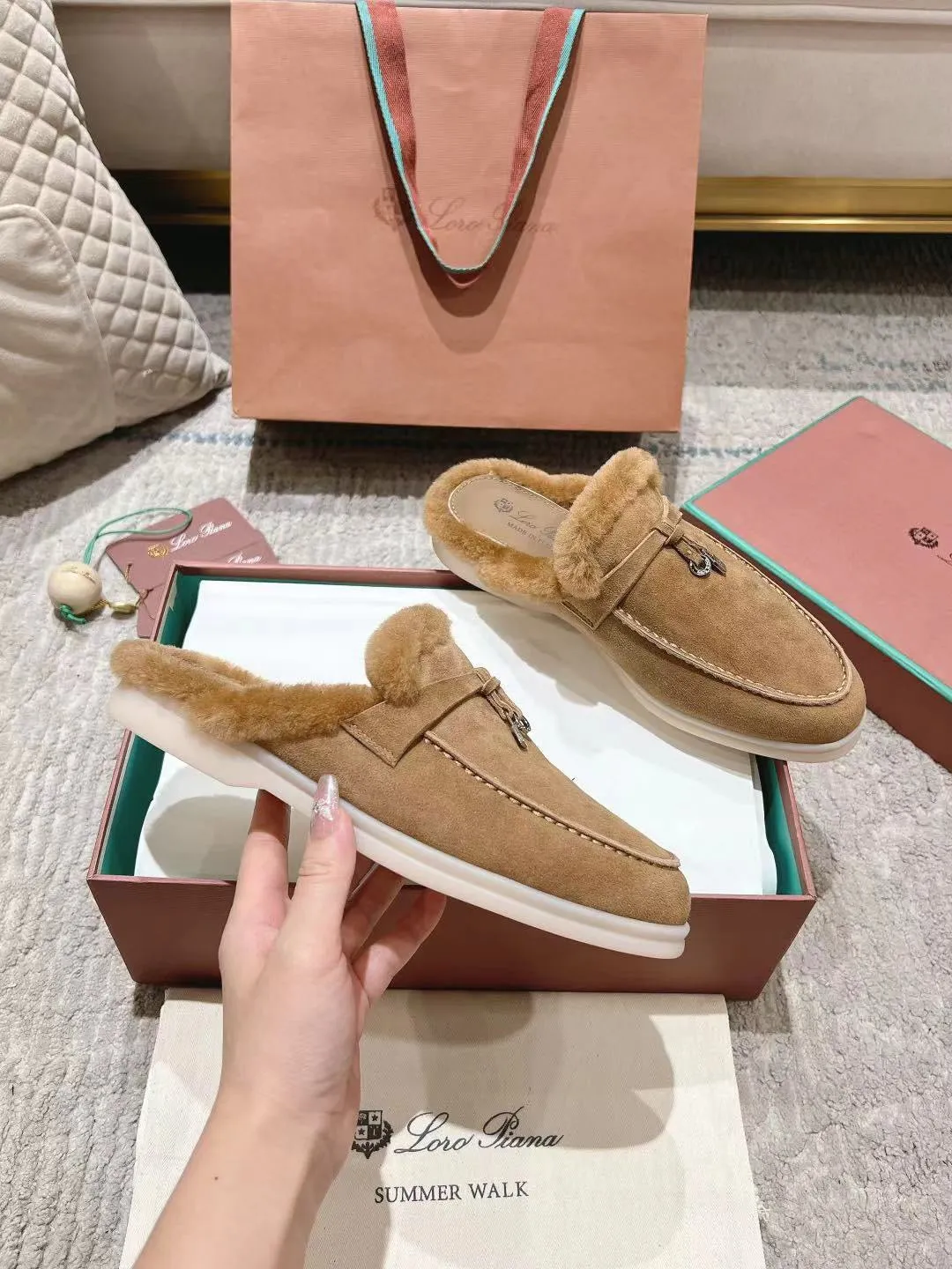 LP Charms Walk Babouche Loafer Marigold Brown Suede With Rabbit Fur Lining 206232