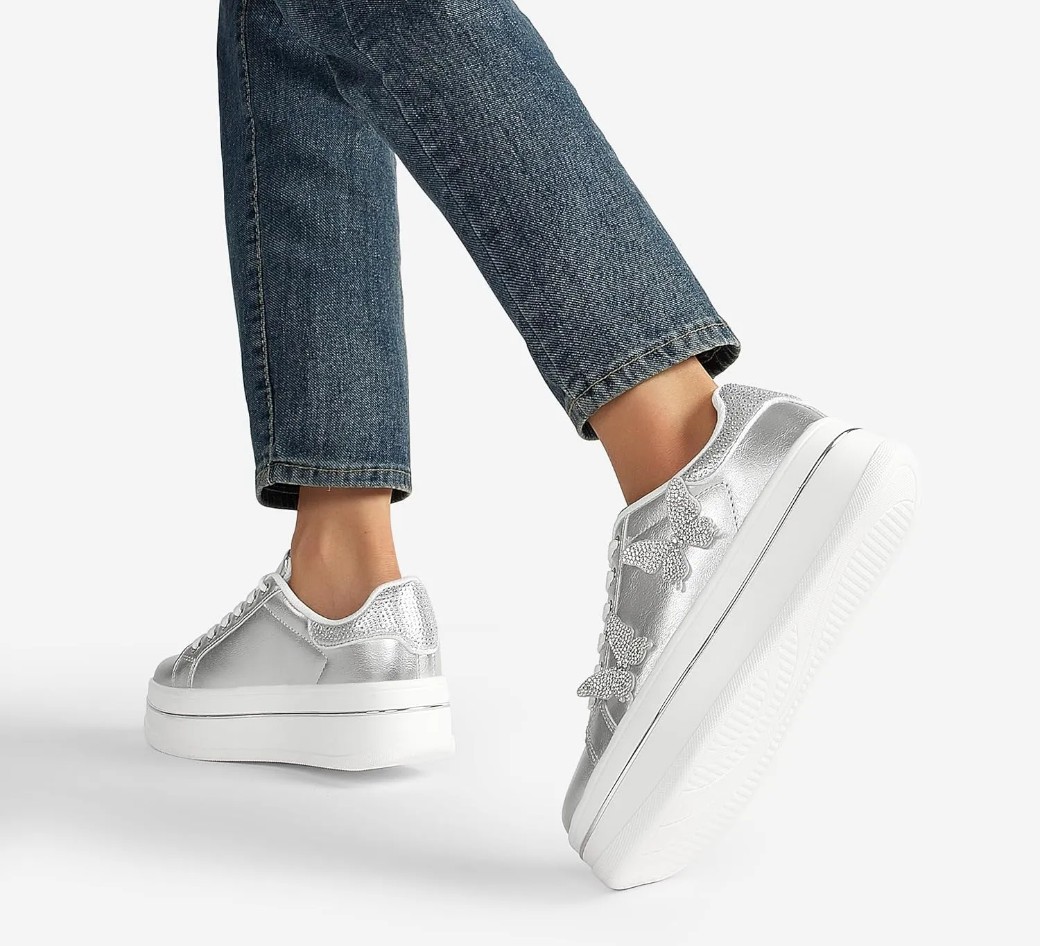 LUCKY STEP Women's Chunky Fashion Sneakers High Platform Rhinestone Butterfly Casual Faux Leather Durable Walking Tennis Shoes