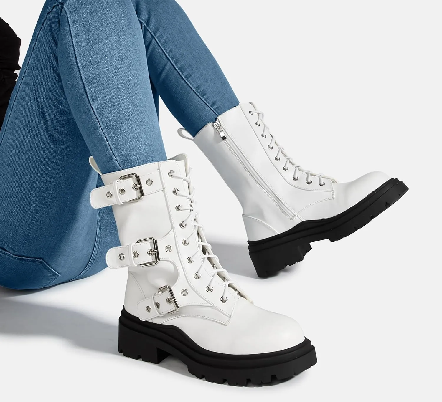 LUCKY STEP Women's Combat Boots-Platform Chunky Mid Calf Boots Ankle Booties Motorcycle Side Zipper Buckles Goth Booties