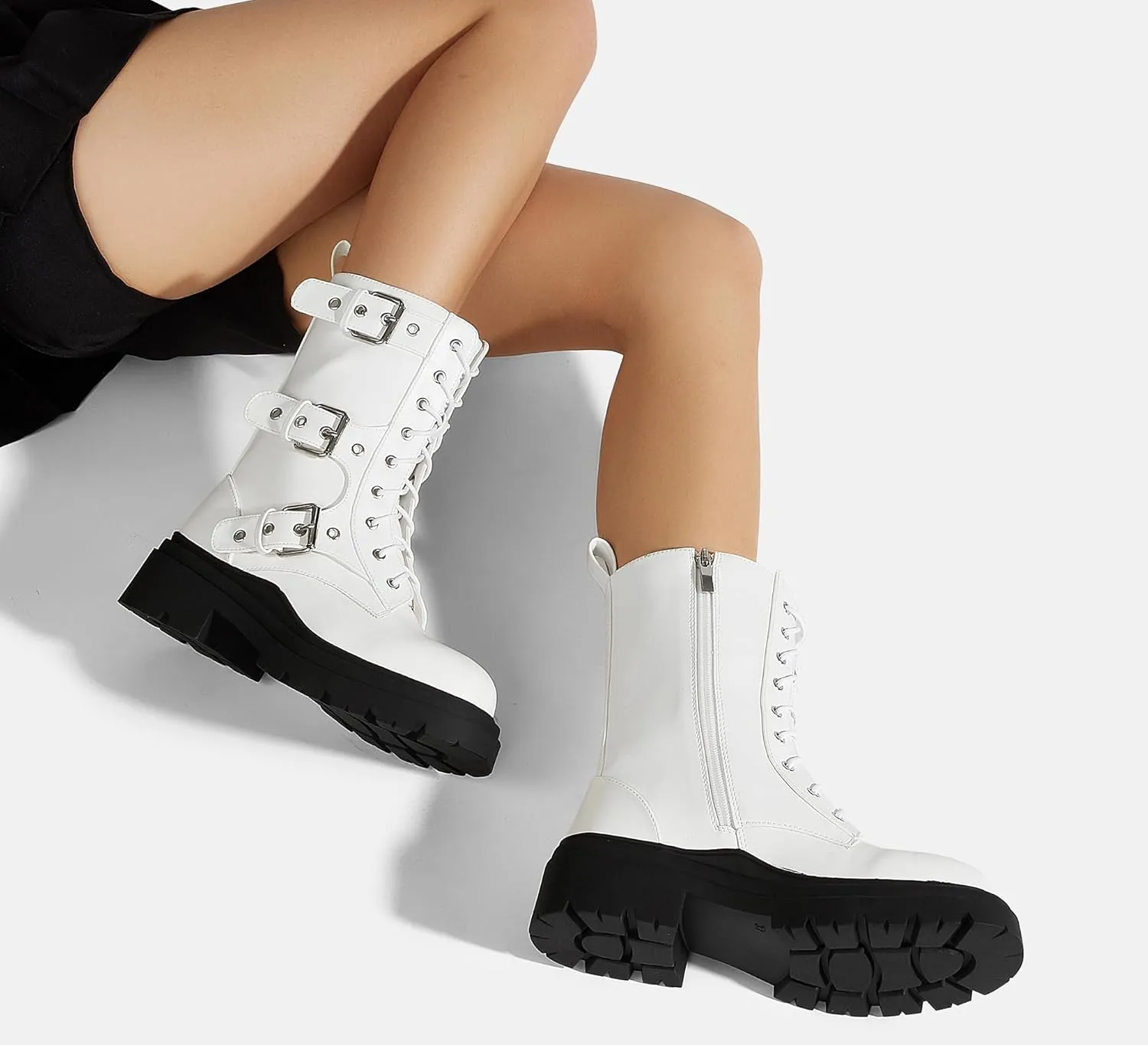 LUCKY STEP Women's Combat Boots-Platform Chunky Mid Calf Boots Ankle Booties Motorcycle Side Zipper Buckles Goth Booties