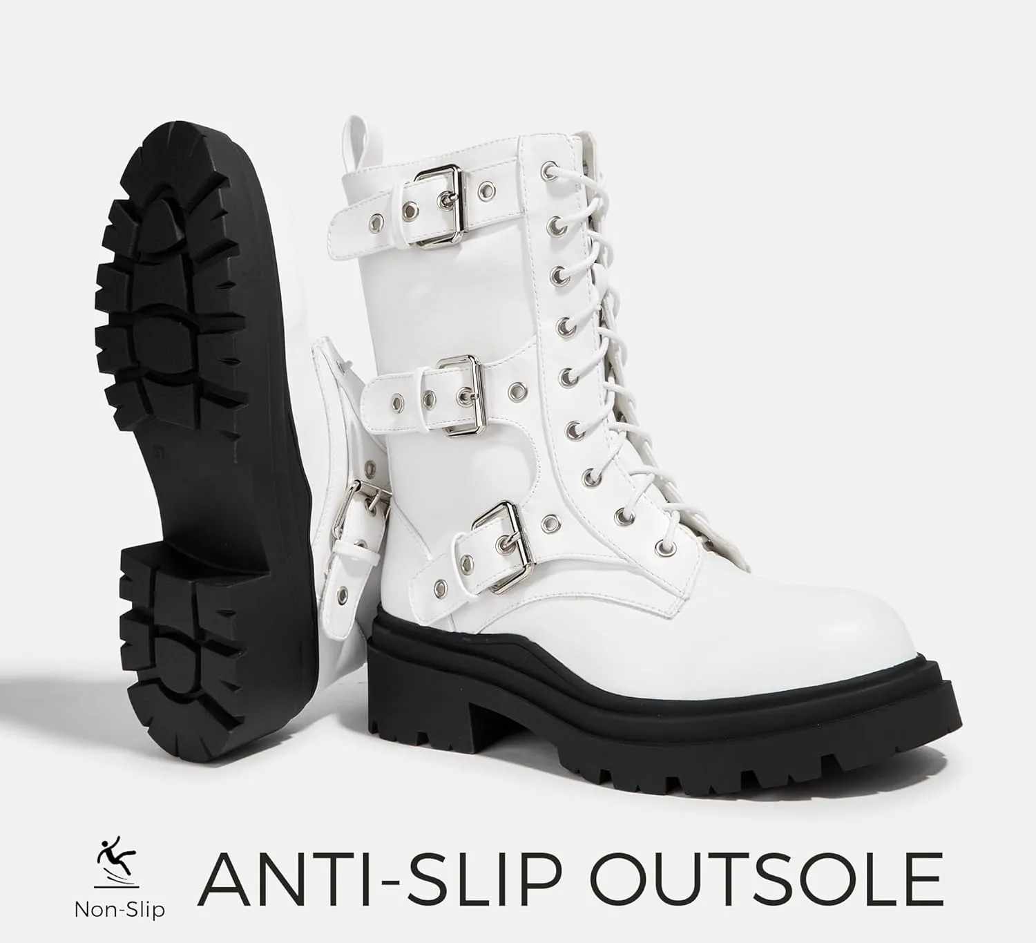 LUCKY STEP Women's Combat Boots-Platform Chunky Mid Calf Boots Ankle Booties Motorcycle Side Zipper Buckles Goth Booties