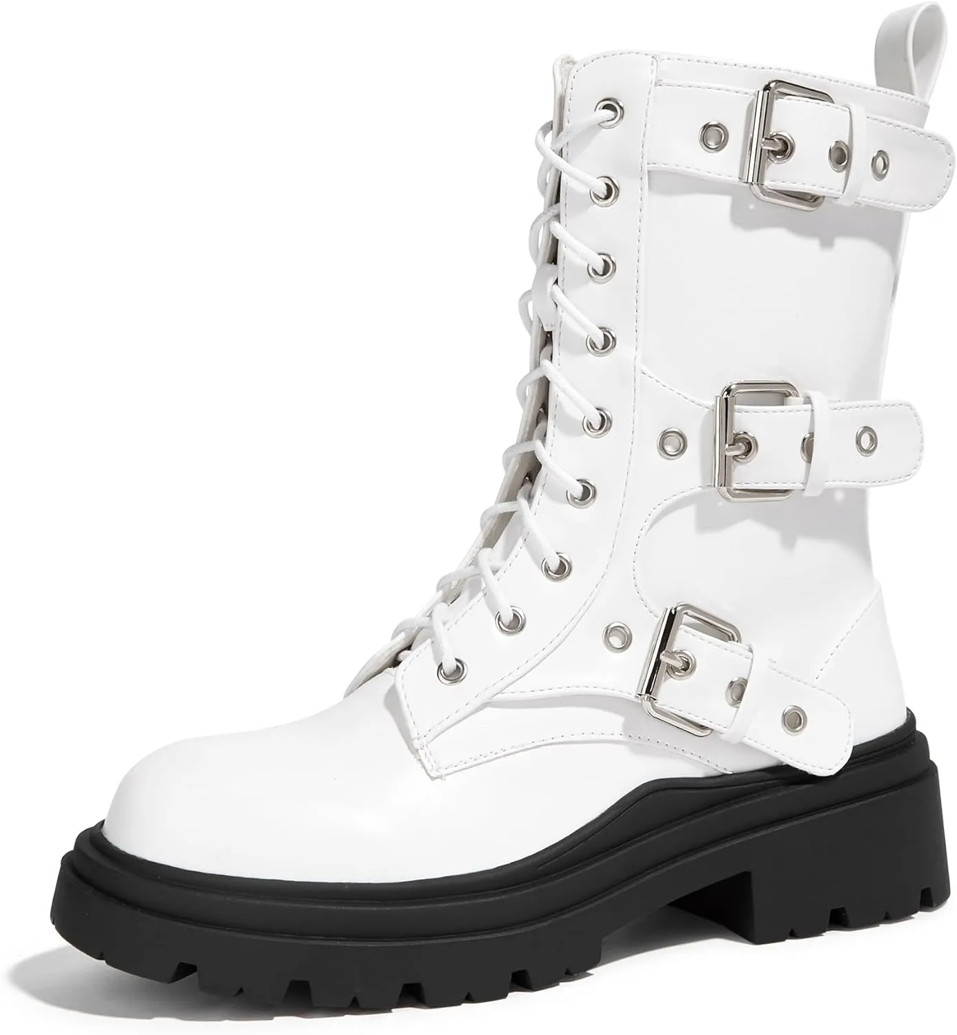 LUCKY STEP Women's Combat Boots-Platform Chunky Mid Calf Boots Ankle Booties Motorcycle Side Zipper Buckles Goth Booties