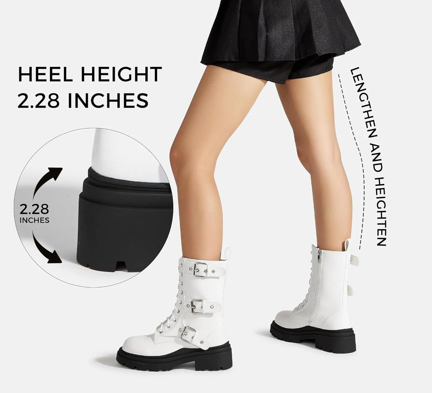 LUCKY STEP Women's Combat Boots-Platform Chunky Mid Calf Boots Ankle Booties Motorcycle Side Zipper Buckles Goth Booties