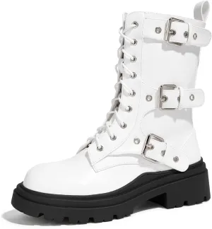 LUCKY STEP Women's Combat Boots-Platform Chunky Mid Calf Boots Ankle Booties Motorcycle Side Zipper Buckles Goth Booties
