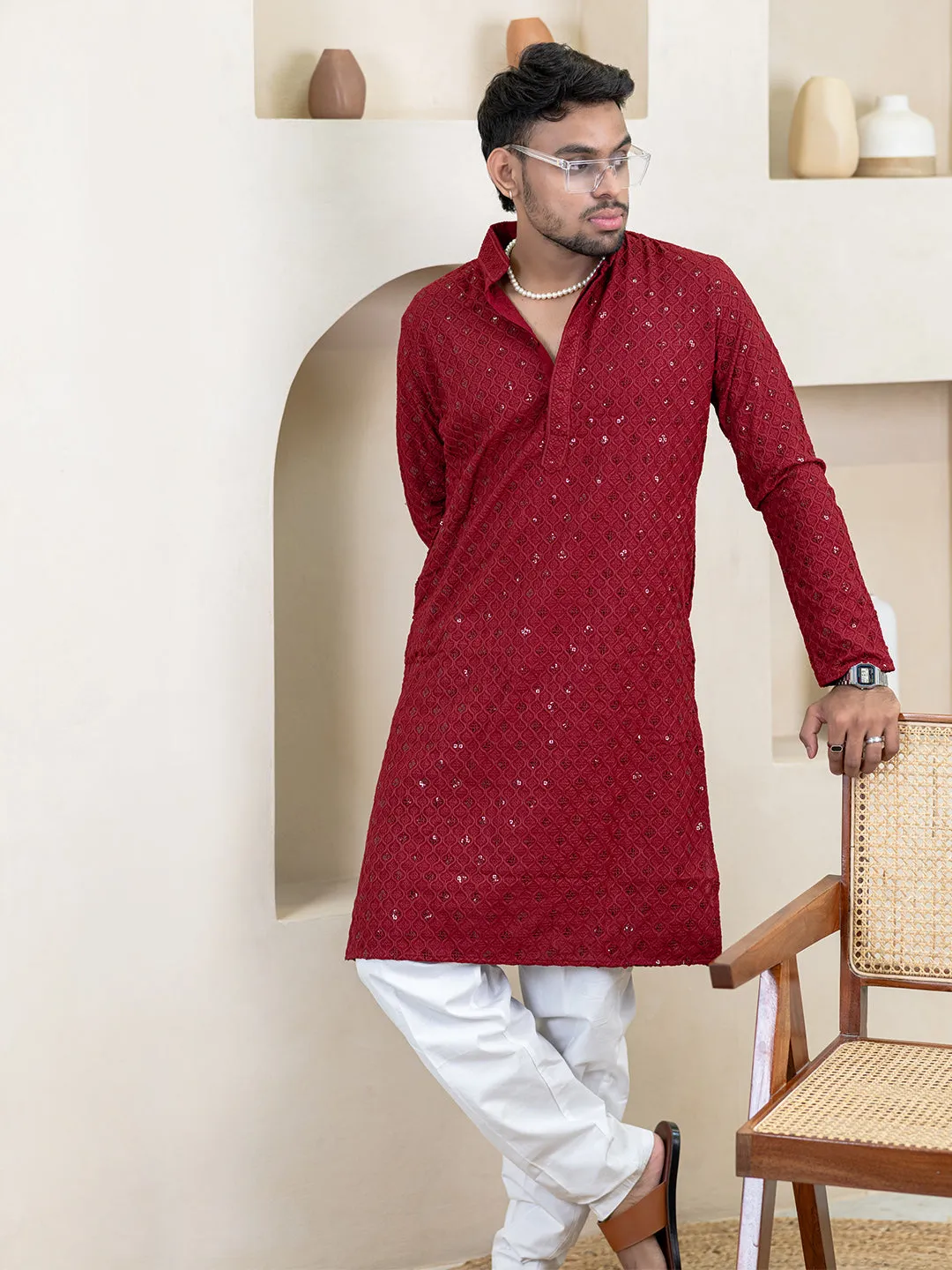 Maroon Chikankari Embroidered Cotton Men's Kurta