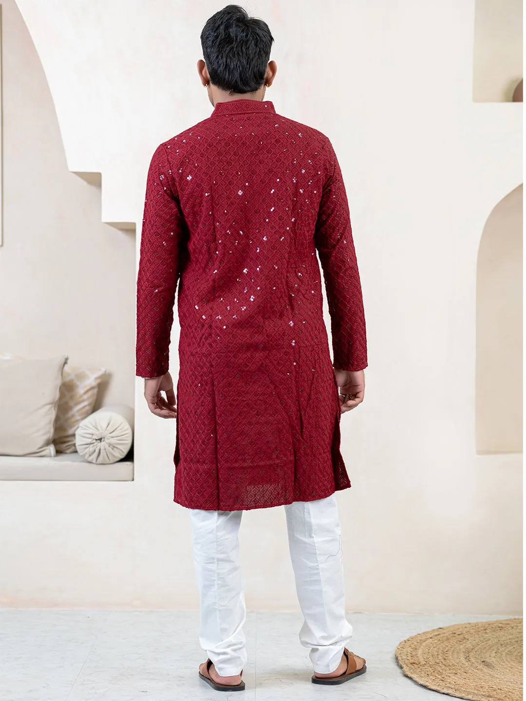 Maroon Chikankari Embroidered Cotton Men's Kurta