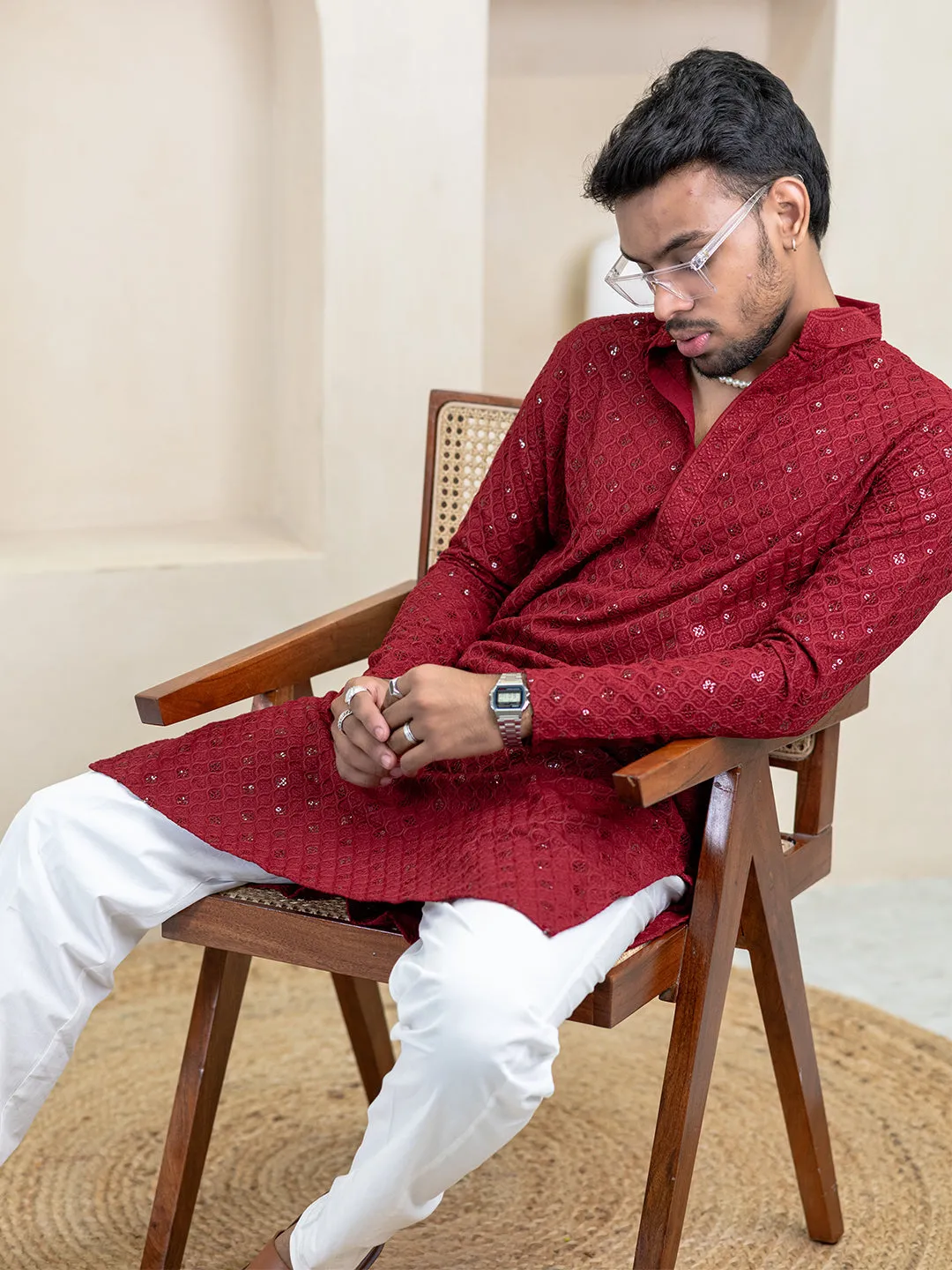 Maroon Chikankari Embroidered Cotton Men's Kurta