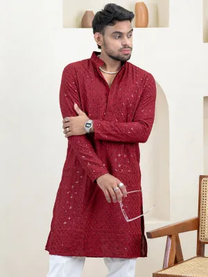 Maroon Chikankari Embroidered Cotton Men's Kurta