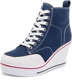 Mei MACLEOD High Heel Sneakers for Women Wedge Heel Sneaker with Side Zipper Casual Lace Up Canvas Shoes for College Students