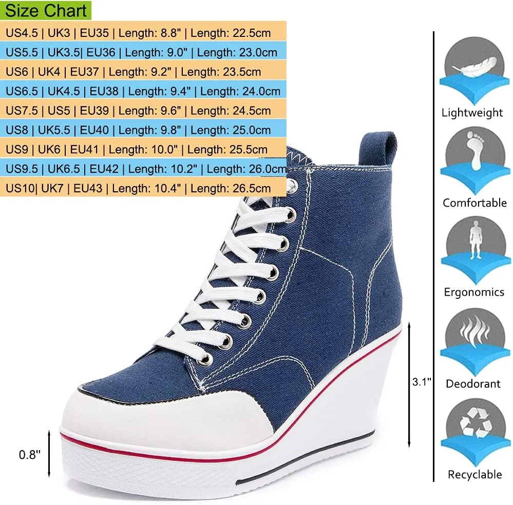 Mei MACLEOD High Heel Sneakers for Women Wedge Heel Sneaker with Side Zipper Casual Lace Up Canvas Shoes for College Students