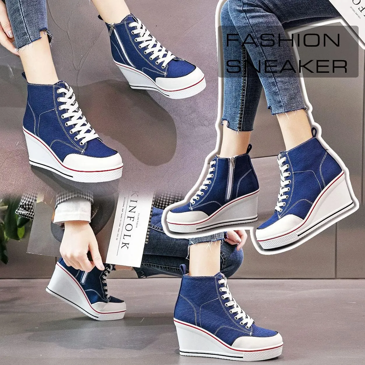 Mei MACLEOD High Heel Sneakers for Women Wedge Heel Sneaker with Side Zipper Casual Lace Up Canvas Shoes for College Students