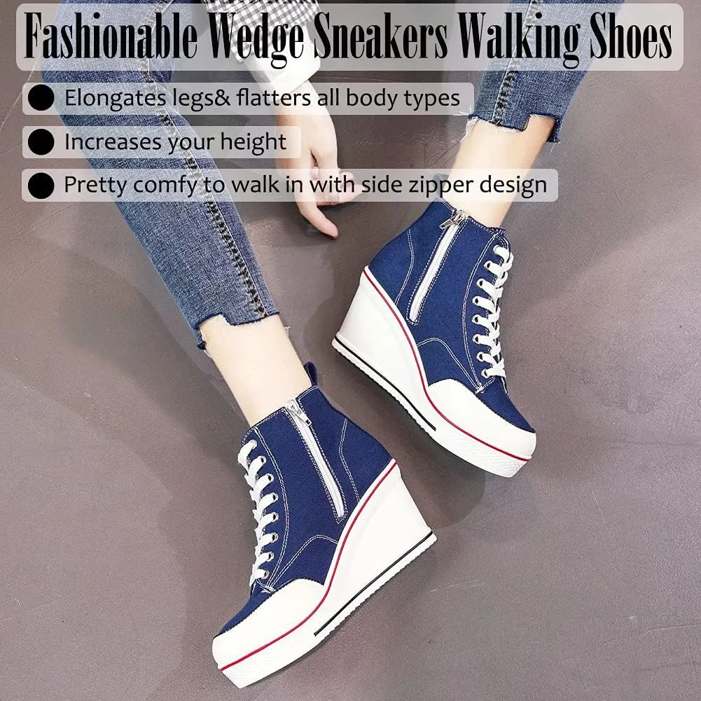 Mei MACLEOD High Heel Sneakers for Women Wedge Heel Sneaker with Side Zipper Casual Lace Up Canvas Shoes for College Students