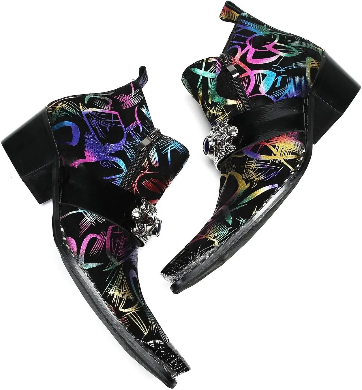 Mens Chelsea Boots Casual Dress Ankle Boots Metal-Tip Toe Genuine Leather Cowboy Boots Double Zipper Sapphire Chain Boots Western Fashion Singer Bar Prom Disco Heels Boots for Men Boys