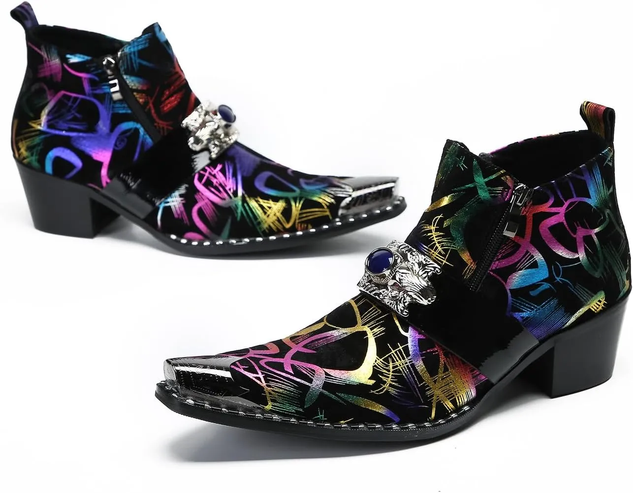 Mens Chelsea Boots Casual Dress Ankle Boots Metal-Tip Toe Genuine Leather Cowboy Boots Double Zipper Sapphire Chain Boots Western Fashion Singer Bar Prom Disco Heels Boots for Men Boys