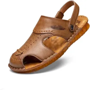 Men's Cowhide Beach Men's Shoes Casual Leather Cow Tendon Soft Sole Beach Men's Sandals Sandalias(42)