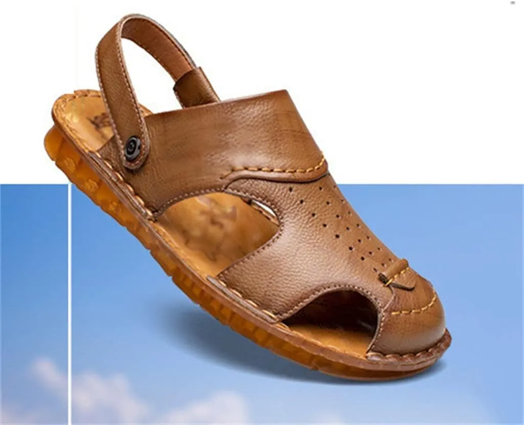 Men's Cowhide Beach Men's Shoes Casual Leather Cow Tendon Soft Sole Beach Men's Sandals Sandalias(42)