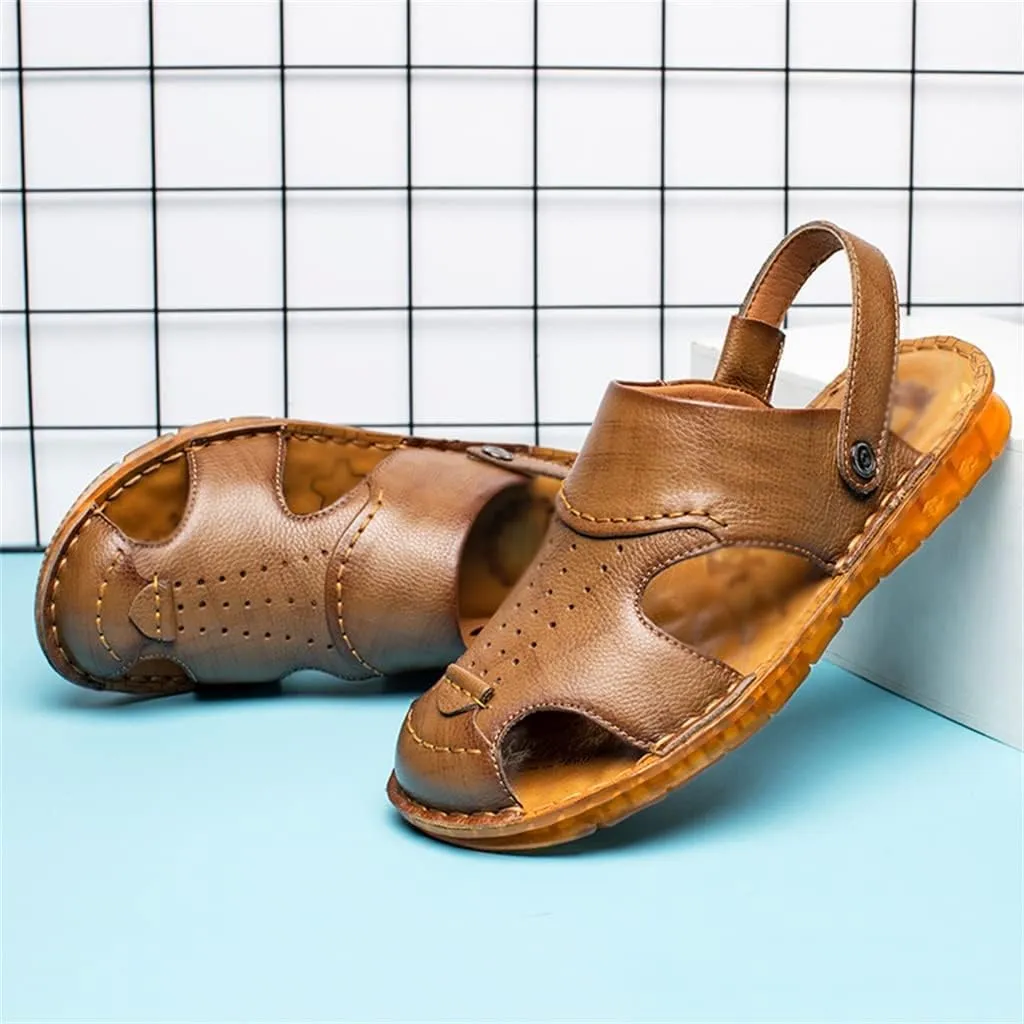 Men's Cowhide Beach Men's Shoes Casual Leather Cow Tendon Soft Sole Beach Men's Sandals Sandalias(42)