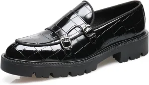 Mens Double Monk Strap Slip on Loafer PU Leather Oxford Formal Business Casual Comfortable Dress Shoes for Men