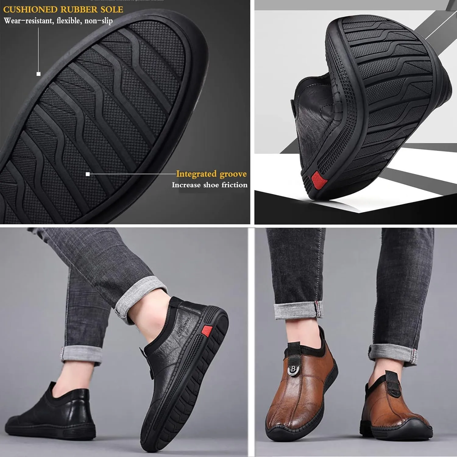 Mens Hand Stitching Leather Slip on Loafers Fashionable Cowhide Ankle Chukka Boots Thermal Velvet Invisible Height Increasing