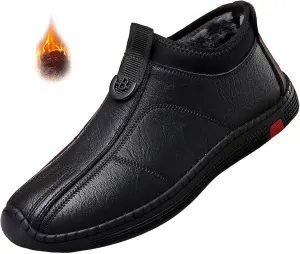 Mens Hand Stitching Leather Slip on Loafers Fashionable Cowhide Ankle Chukka Boots Thermal Velvet Invisible Height Increasing
