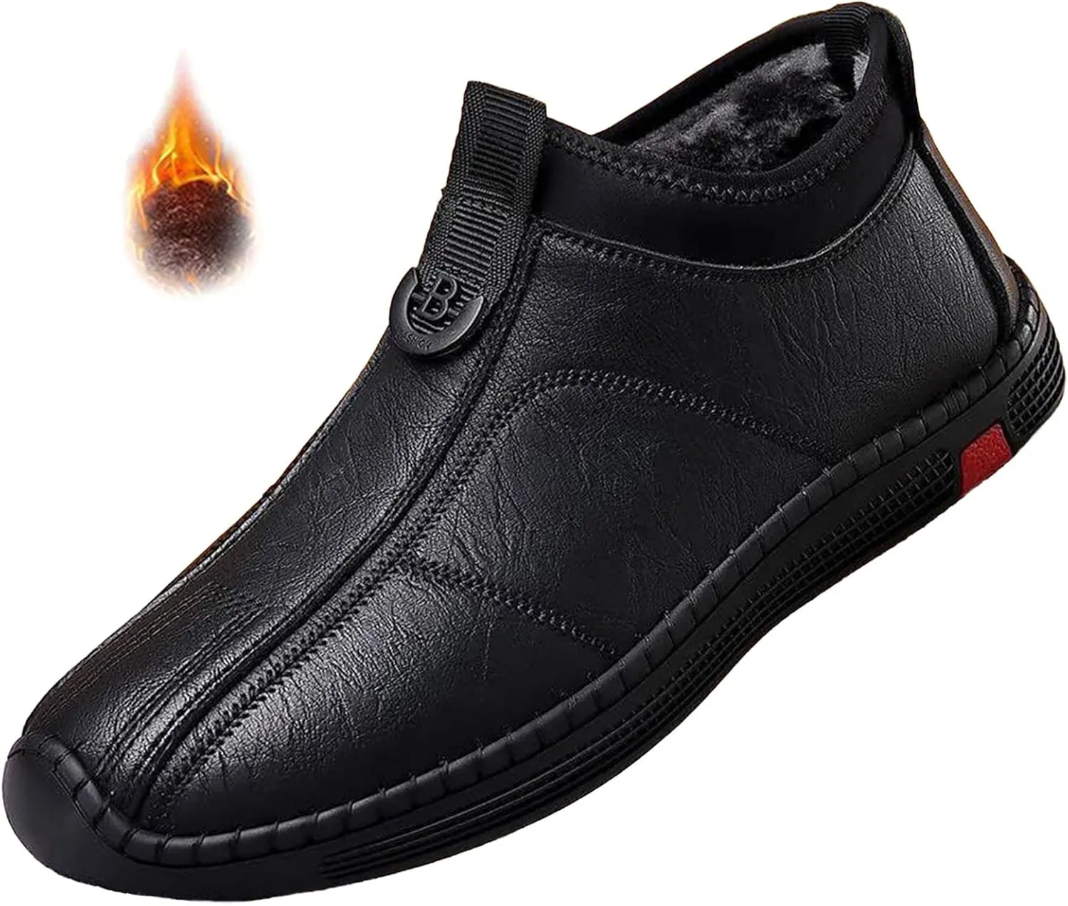 Mens Hand Stitching Leather Slip on Loafers Fashionable Cowhide Ankle Chukka Boots Thermal Velvet Invisible Height Increasing
