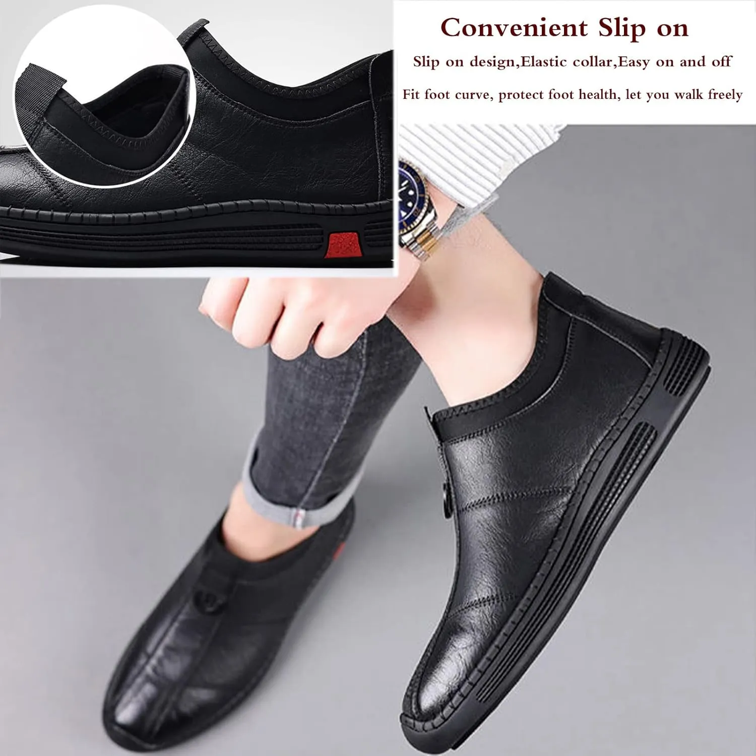 Mens Hand Stitching Leather Slip on Loafers Fashionable Cowhide Ankle Chukka Boots Thermal Velvet Invisible Height Increasing