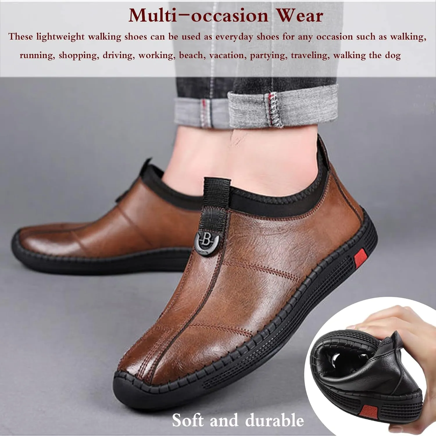 Mens Hand Stitching Leather Slip on Loafers Fashionable Cowhide Ankle Chukka Boots Thermal Velvet Invisible Height Increasing