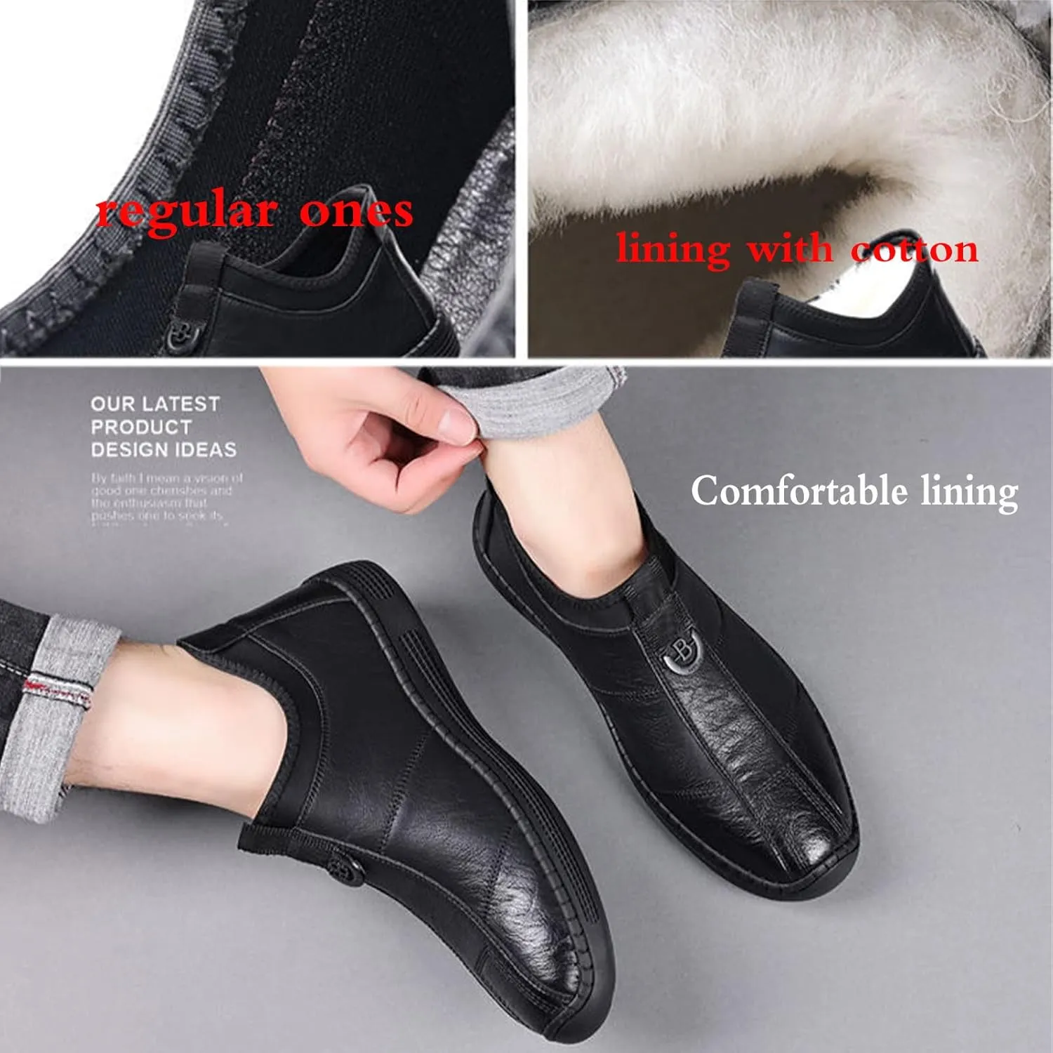 Mens Hand Stitching Leather Slip on Loafers Fashionable Cowhide Ankle Chukka Boots Thermal Velvet Invisible Height Increasing