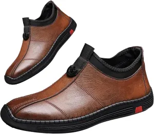 Mens Hand Stitching Leather Slip on Loafers Fashionable Cowhide Ankle Chukka Boots Thermal Velvet Invisible Height Increasing