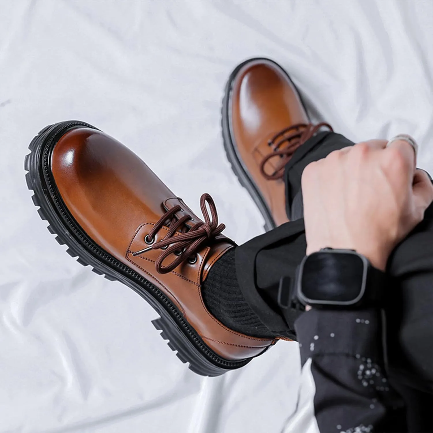 Mens Leather Black Platform Lace Up Lugs Sole Oxfords Shoes Modern Comfortable Classic Chunky Heel Increase Height Business Formal Dress Shoes for Wedding Work Party Office
