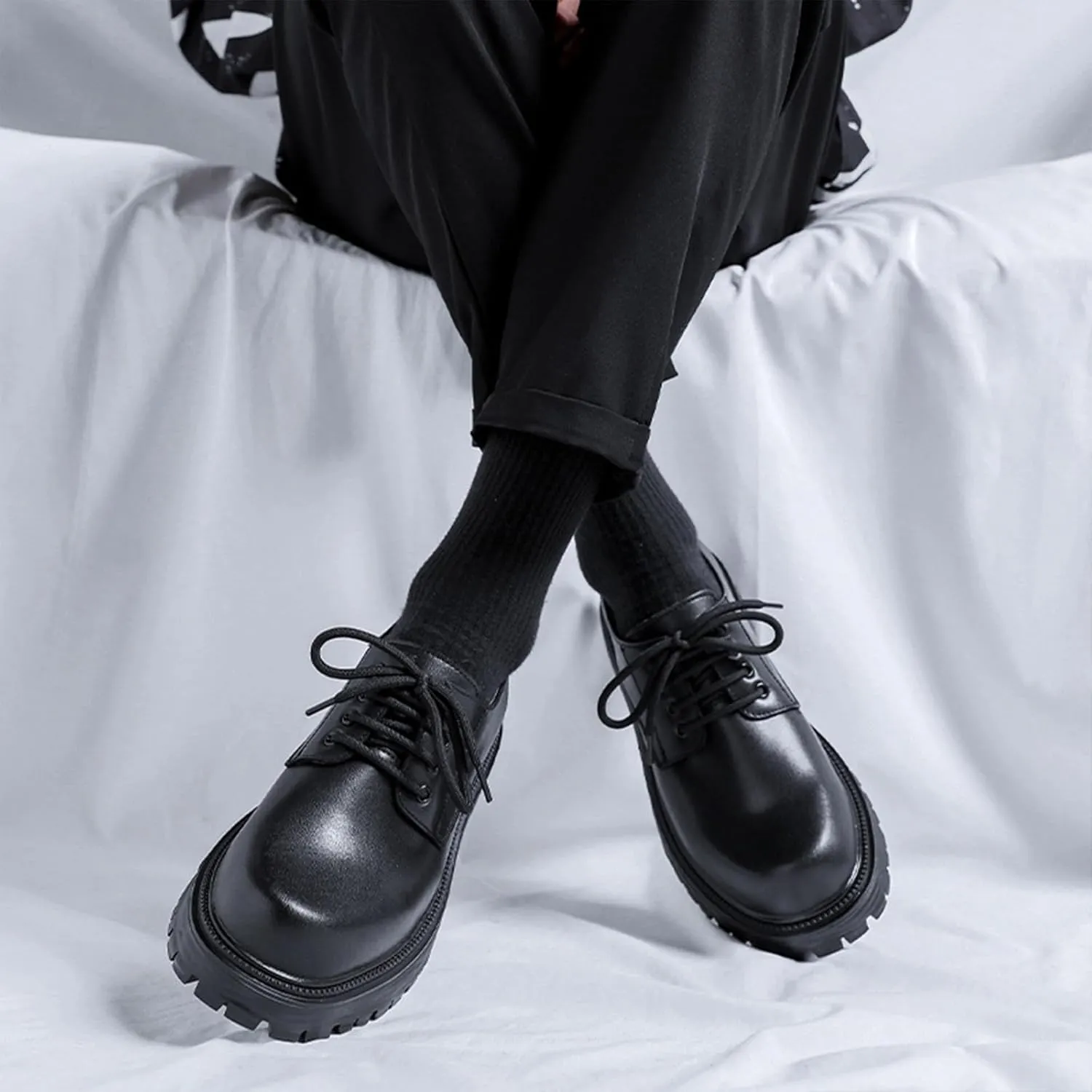Mens Leather Black Platform Lace Up Lugs Sole Oxfords Shoes Modern Comfortable Classic Chunky Heel Increase Height Business Formal Dress Shoes for Wedding Work Party Office