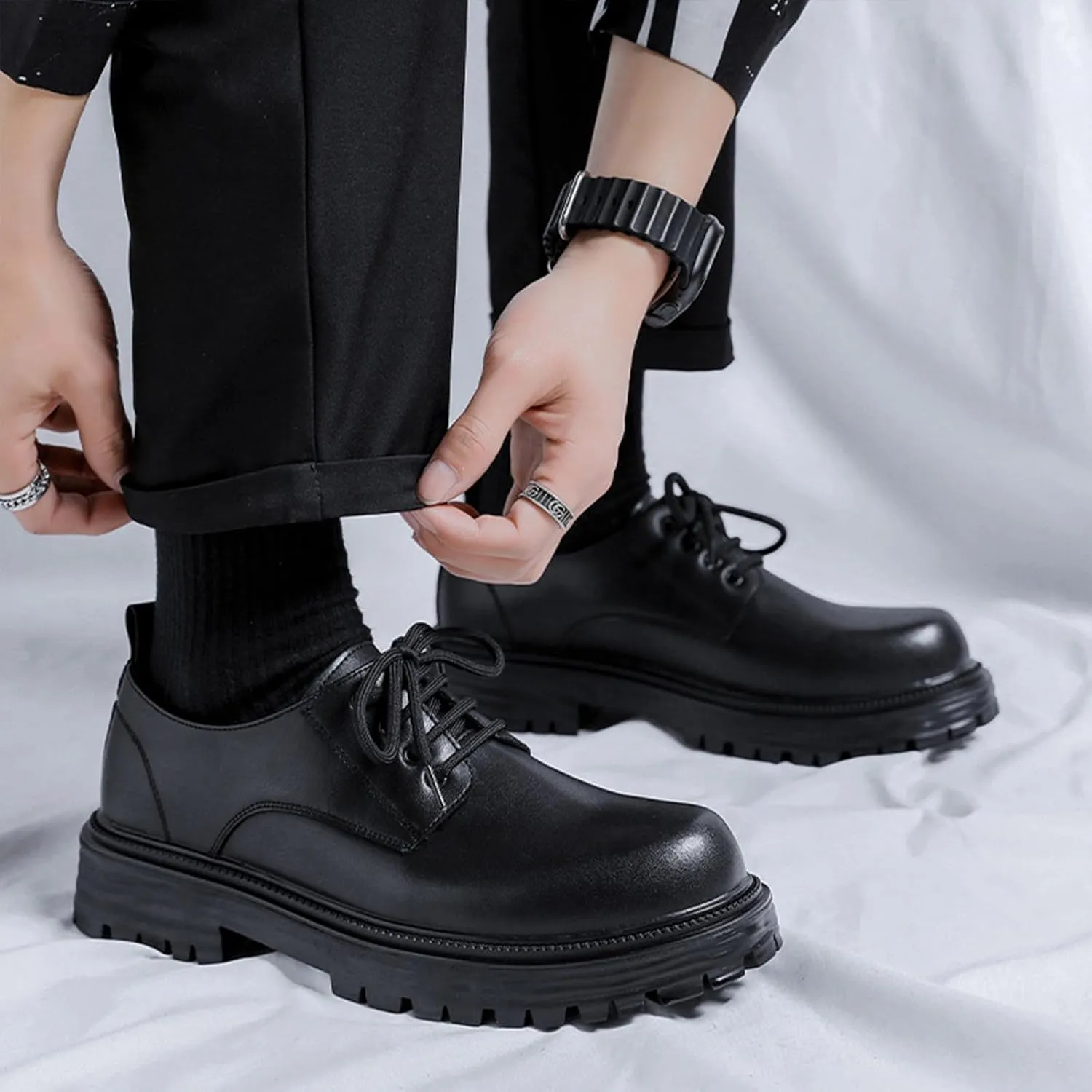 Mens Leather Black Platform Lace Up Lugs Sole Oxfords Shoes Modern Comfortable Classic Chunky Heel Increase Height Business Formal Dress Shoes for Wedding Work Party Office