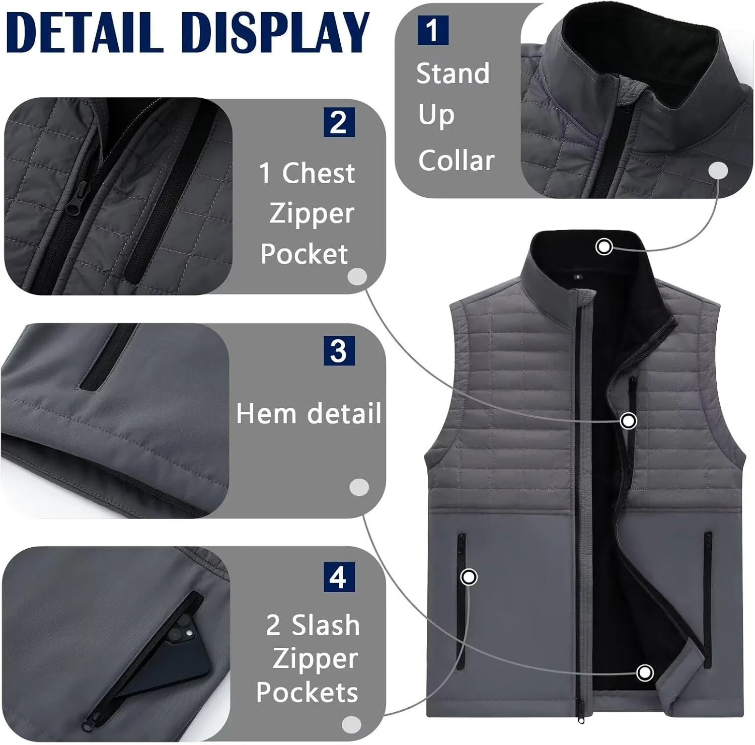 Men's Lightweight Softshell Vest Outerwear Windproof Puffer Sleeveless Jacket for Golf Running