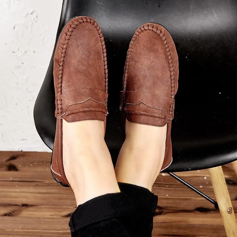 Mens Loafers Round Toe Vegan Leather Loafer Shoe Anti-Slip Flat Heel Comfortable Fashion Slip-on