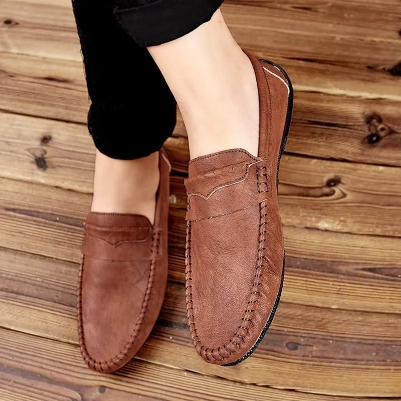 Mens Loafers Round Toe Vegan Leather Loafer Shoe Anti-Slip Flat Heel Comfortable Fashion Slip-on