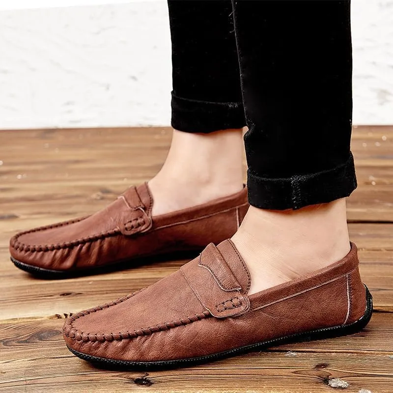 Mens Loafers Round Toe Vegan Leather Loafer Shoe Anti-Slip Flat Heel Comfortable Fashion Slip-on