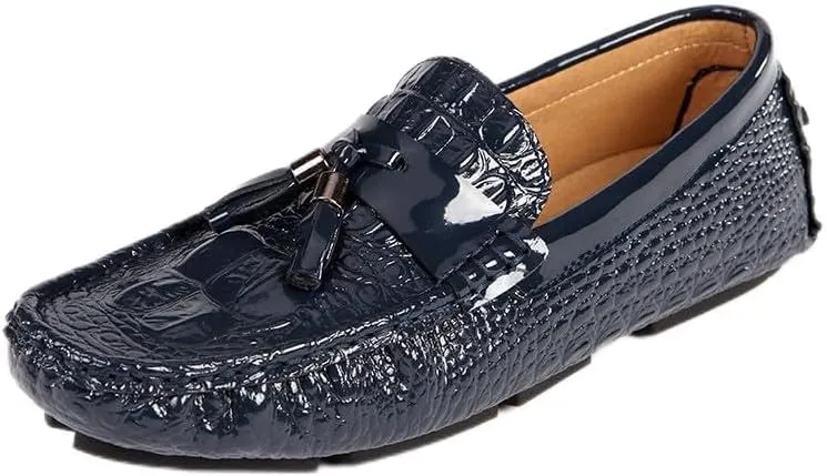 Mens Loafers Shoe Vegan Leather Crocodile Print Driving Loafers Tassel Flat Heel Slip Resistant Anti-Slip Party Slip-ons