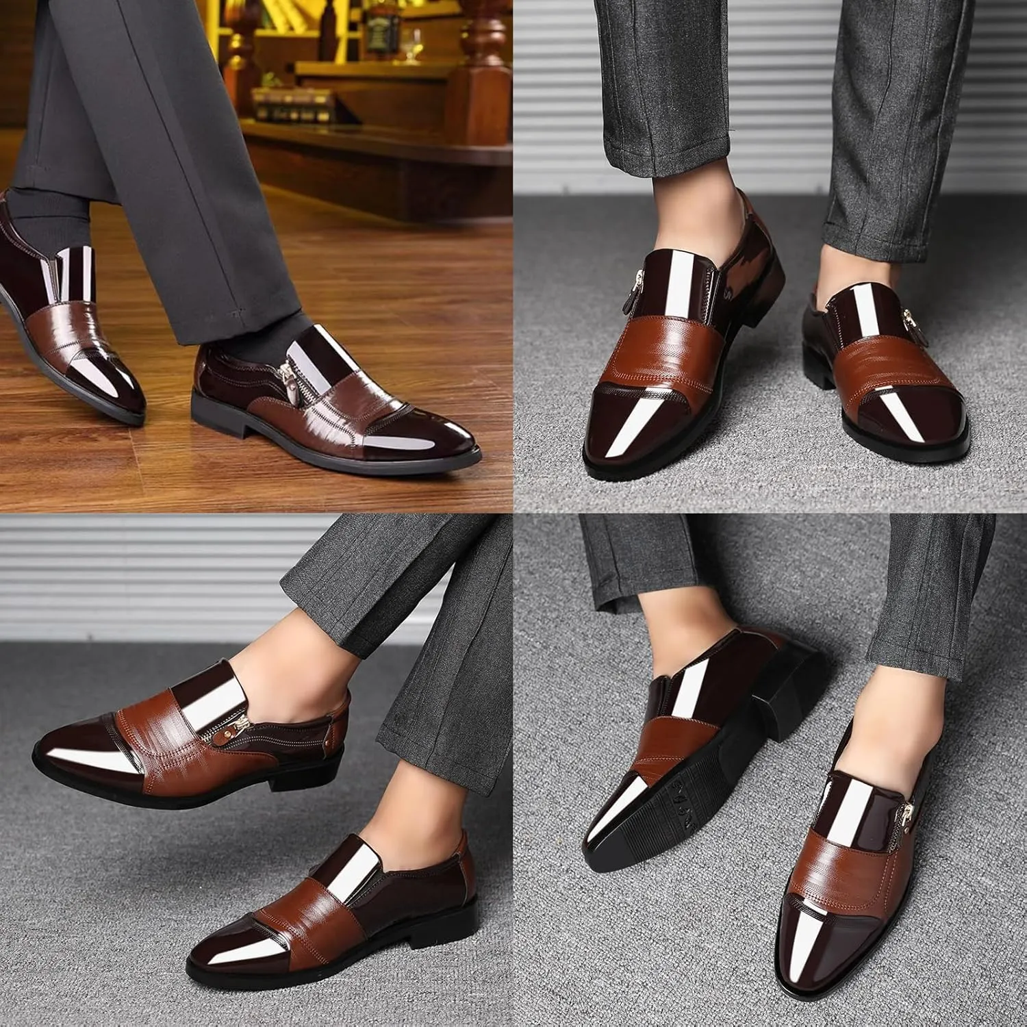 Men's Patent Leather Slip-on Dress Shoes,Fashion Pointed Toe Zipper Business Tuxedo Shoes,Classic Formal Oxford Loafers