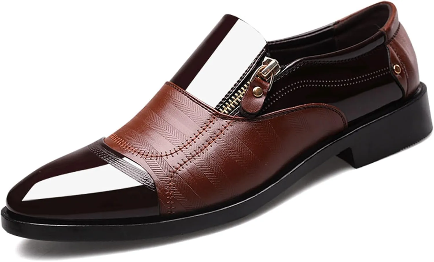 Men's Patent Leather Slip-on Dress Shoes,Fashion Pointed Toe Zipper Business Tuxedo Shoes,Classic Formal Oxford Loafers
