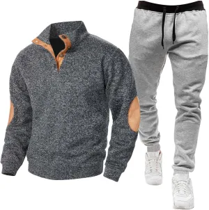 Mens Polo Sweatsuit 2 Piece Quarter Button Patch Pullover Sweatshirt Jogger Sweatpants Sets Casual Tracksuit Outfits