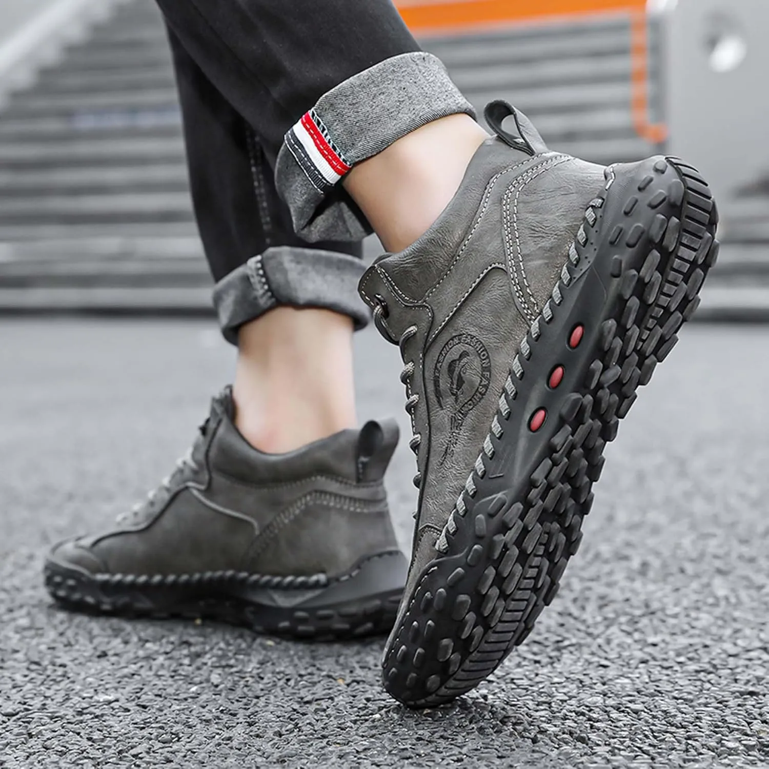 Men's Premium Cow Leather Sneakers, Walking Shoes, Mid Top Casual Shoes for Men,Mesh Lining, Hand Sewn, Comfortable, Soft, Non-Slip, Durable