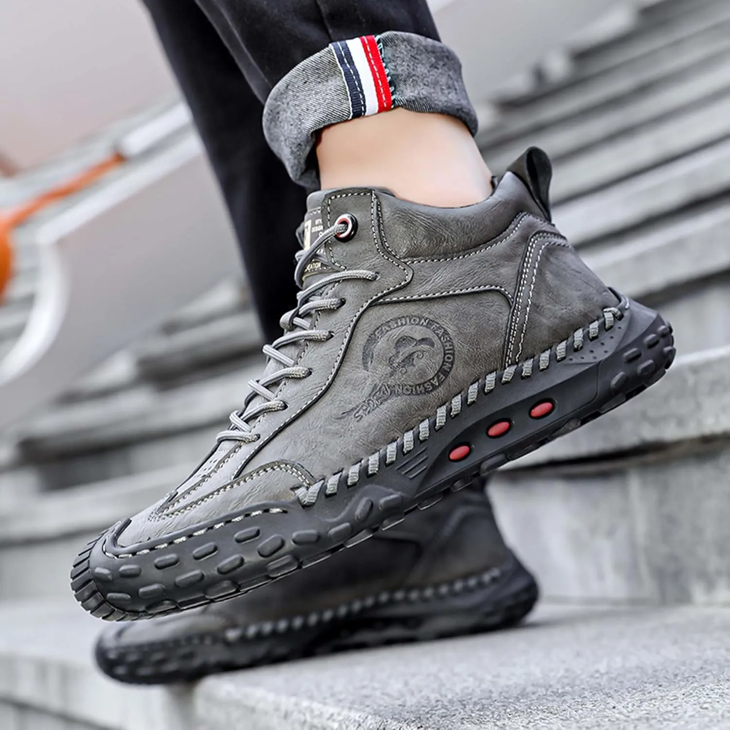 Men's Premium Cow Leather Sneakers, Walking Shoes, Mid Top Casual Shoes for Men,Mesh Lining, Hand Sewn, Comfortable, Soft, Non-Slip, Durable
