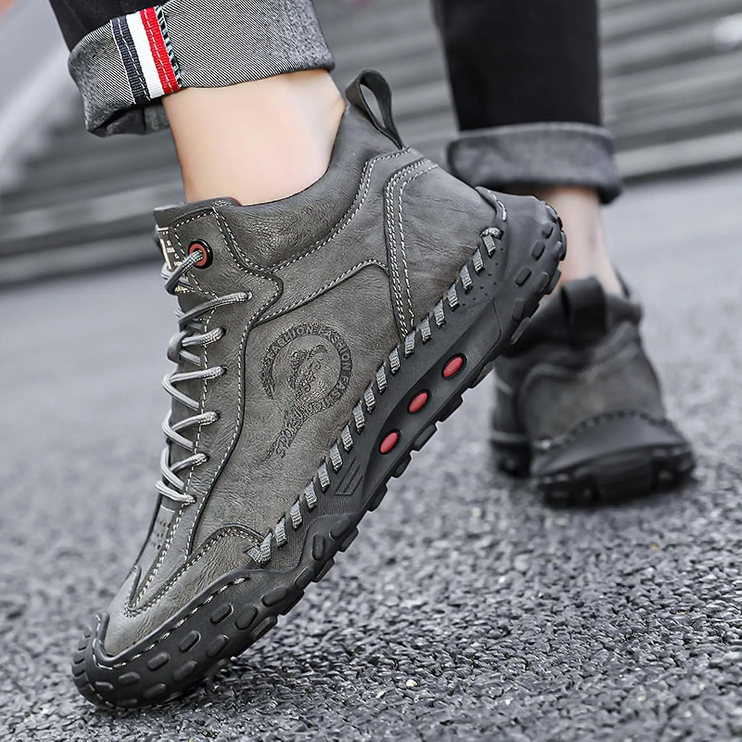 Men's Premium Cow Leather Sneakers, Walking Shoes, Mid Top Casual Shoes for Men,Mesh Lining, Hand Sewn, Comfortable, Soft, Non-Slip, Durable